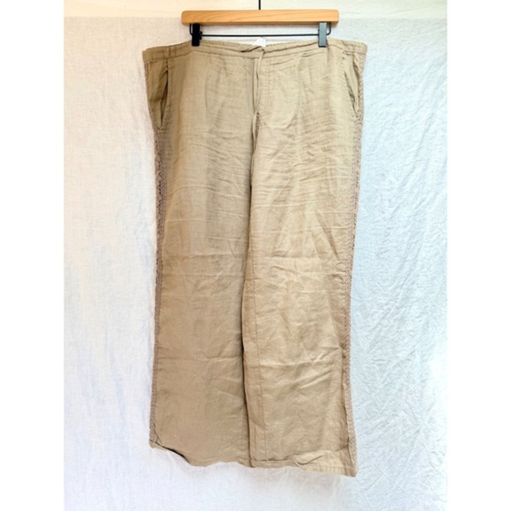 London Jean Pants Womens Tan Linen‎ Crochet Lace Trim Wide Leg 16 y2k